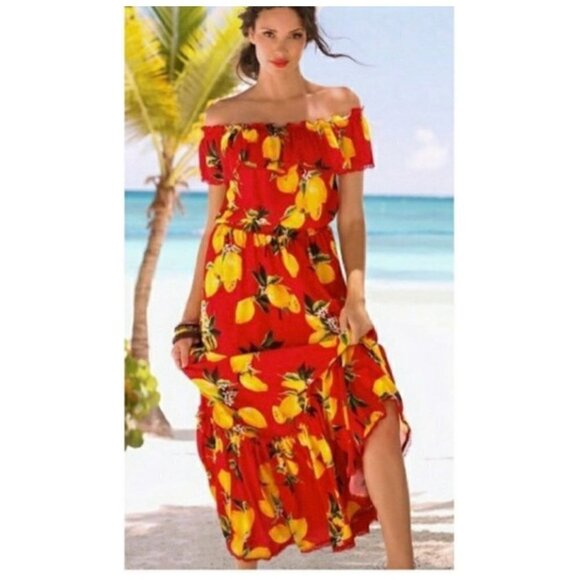Alexia Admor NWT $329 Maxi Dress Lemon Print on Red Off Shoulder Womens Size XS - Picture 1 of 11